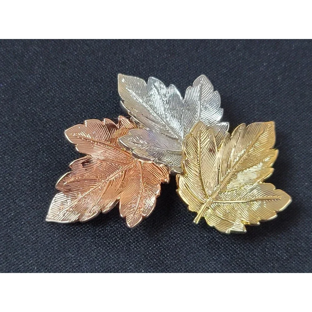 3 Maple Leaves Brooch‎ Pin Gold Silver Cooper Vintage Autumn Fall Colorful